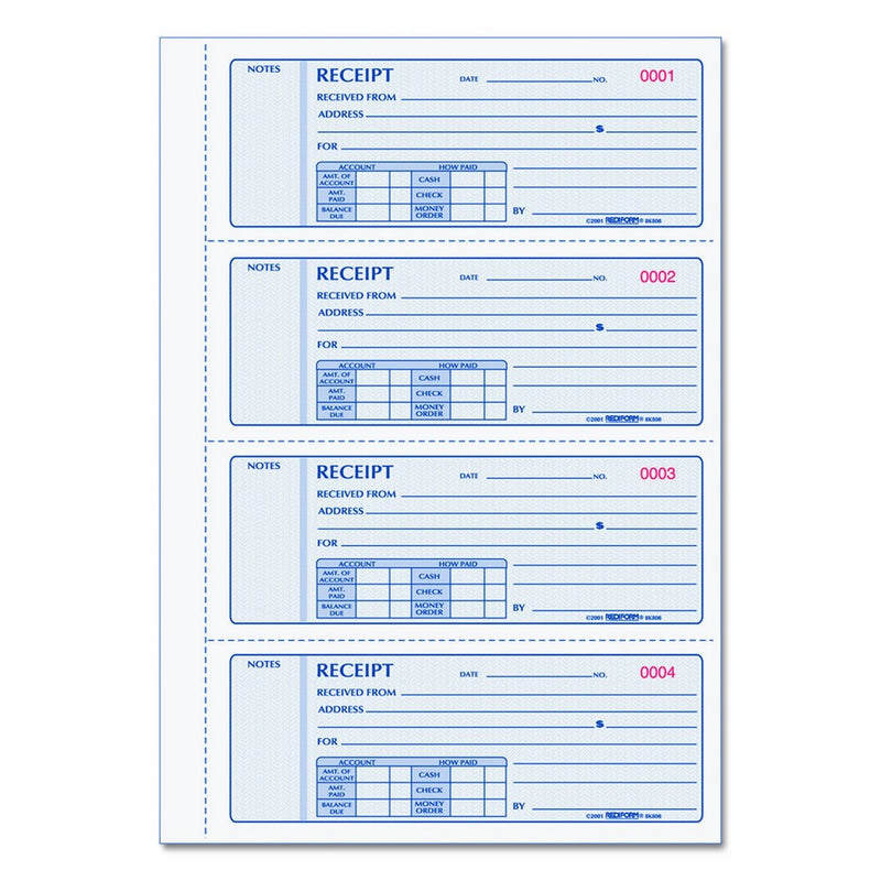 REDIFORM Money Receipt Books with Carbons, Triplicate, 4 Forms per Page, 200 Sets per Book (8K808)