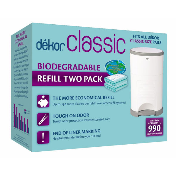 Dekor Classic Diaper Pail Biodegradable Refills | Most Economical Refill System | Quick & Easy to Replace | No Preset Bag Size | Exclusive End-of-Liner Marking | Baby Powder Scent | 2 Count