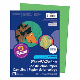 Pacon SunWorks Construction Paper, 9-Inches by 12-Inches, 50-Count, Bright Green (9603)