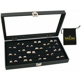 Novel Box Glass Top Black Jewelry Display Case 72 Slot Compartment Ring Tray  Custom NB Pouch