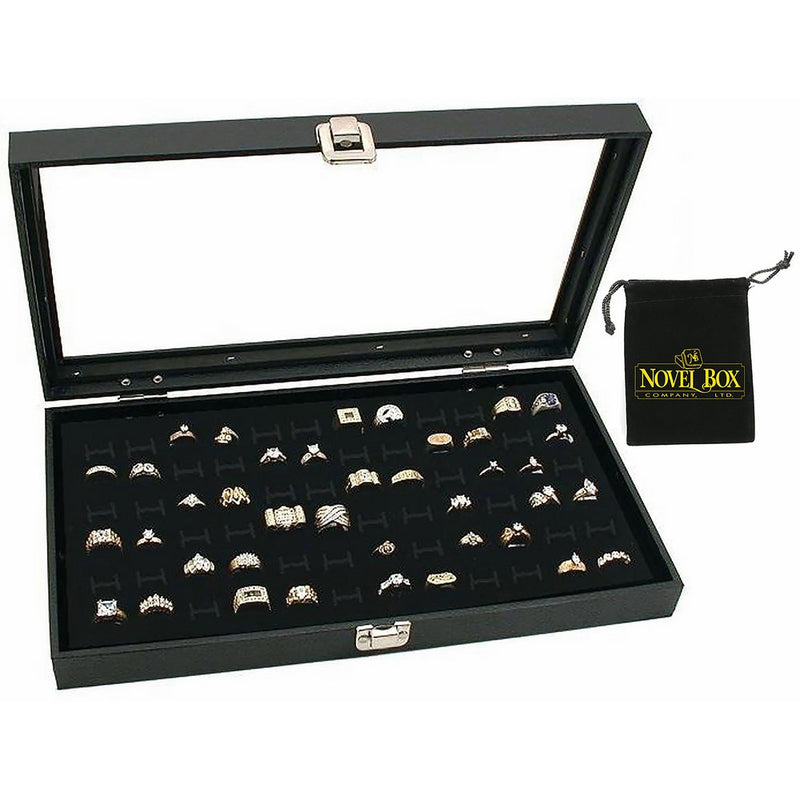 Novel Box Glass Top Black Jewelry Display Case 72 Slot Compartment Ring Tray  Custom NB Pouch