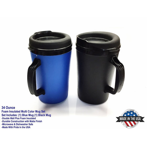 2 ThermoServ Foam Insulated Coffee Mugs 34 oz (1)Blue & (1)Black