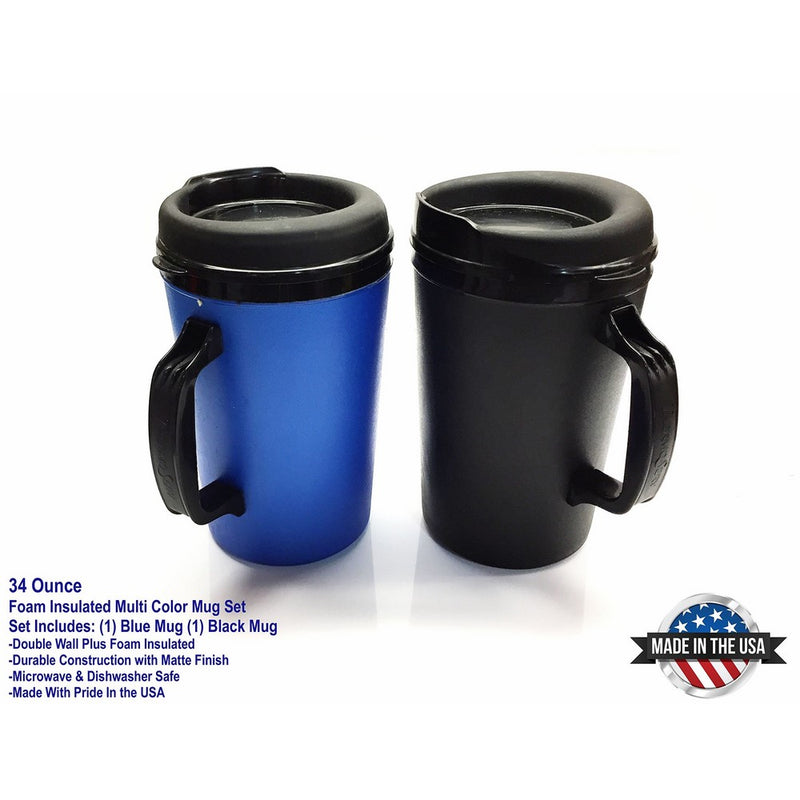 2 ThermoServ Foam Insulated Coffee Mugs 34 oz (1)Blue & (1)Black