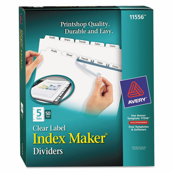 Avery 11556 Index Maker Clear Label Dividers, 8.5 x 11 Inch, 5 Tab, White Tab, 50 Sets