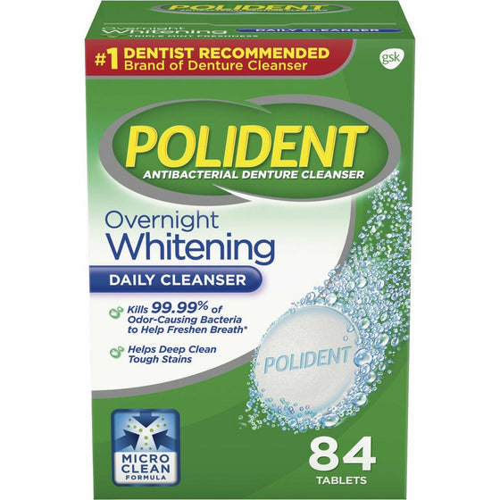 Polident Overnight Whitening Antibacterial Denture Cleanser Effervescent Tablets, 84 count