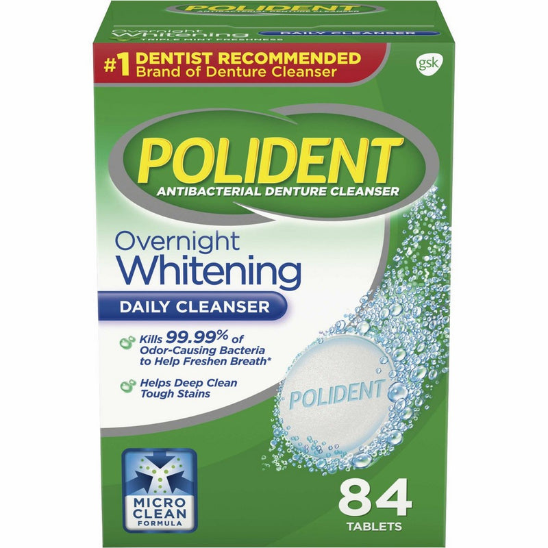 Polident Overnight Whitening Antibacterial Denture Cleanser Effervescent Tablets, 84 count