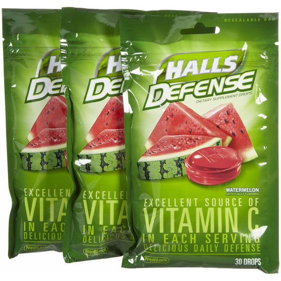 Halls Defense Vitamin C Drops Watermelon 30 ea (Pack of 3)