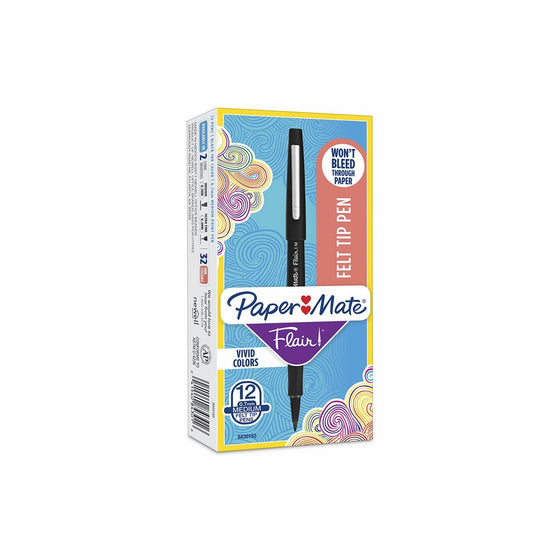 Paper Mate Flair Felt Tip Pens, Medium Point (0.7mm), Black, 12 Count