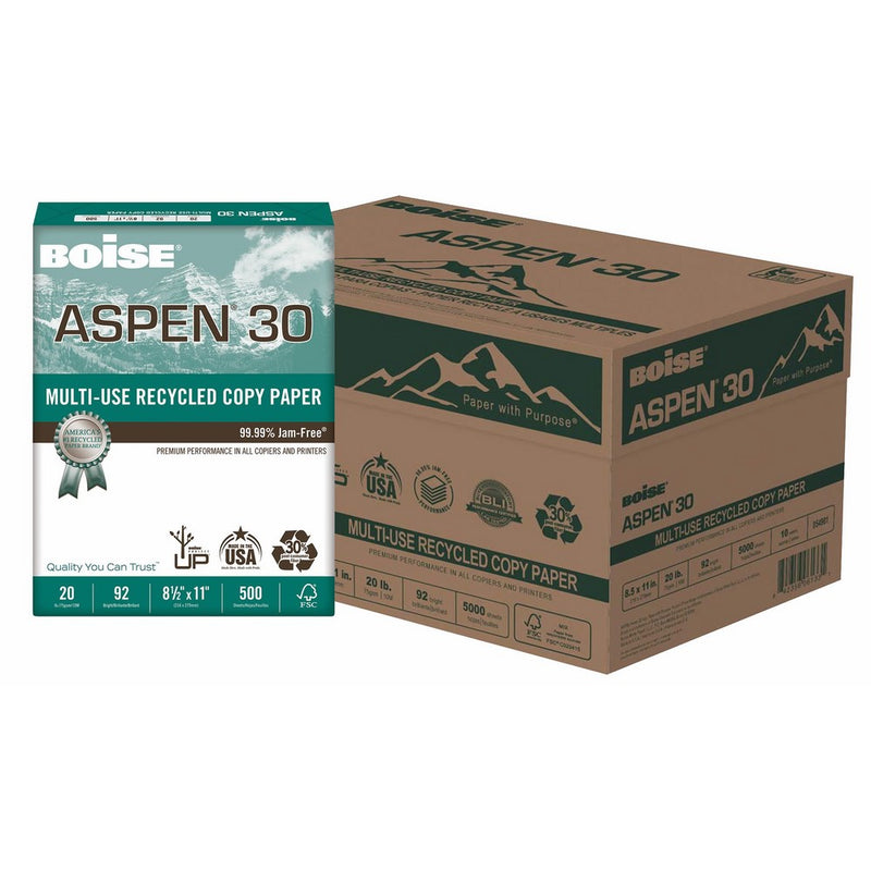 BOISE ASPEN 30% Multi-Use Recycled Copy Paper, 8.5 x 11, 92 Bright White, 20 lb, 10 ream carton (5,000 Sheets)