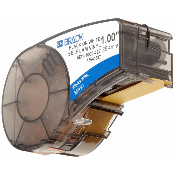 Brady Self-Laminating Vinyl Label Tape (M21-1000-427) - Black on White, Translucent Tape - Compatible with BMP21-PLUS Label Printer - 14' Length, 1" Width