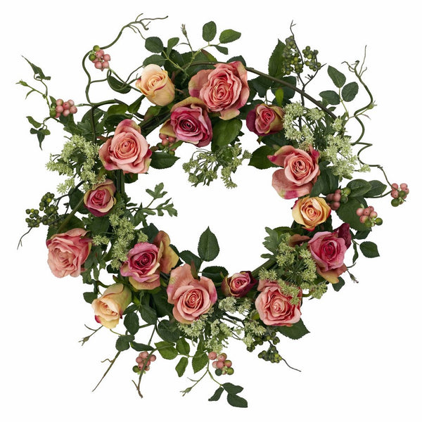 Nearly Natural 4802 Rose Wreath, 20-Inch, Peach