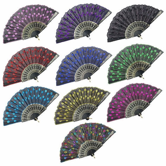 InnoLife Elegant Colorful Embroidered Flower Peacock Pattern Sequin Fabric Folding Handheld Hand Fan Hand-crafted (Full Set - 10pcs Mixed Colors) and 8 carrying pouches