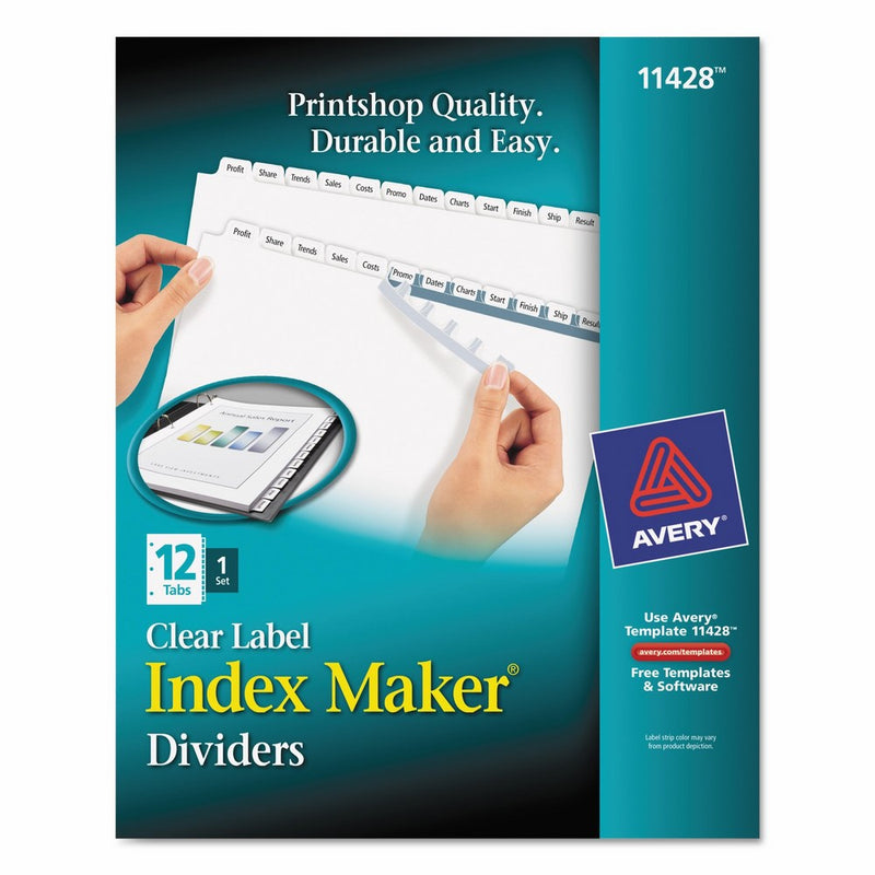 Avery Print & Apply Clear Label White Tab Dividers, Index Maker Easy Apply Strip, 12-Tab Divider Set (11428)