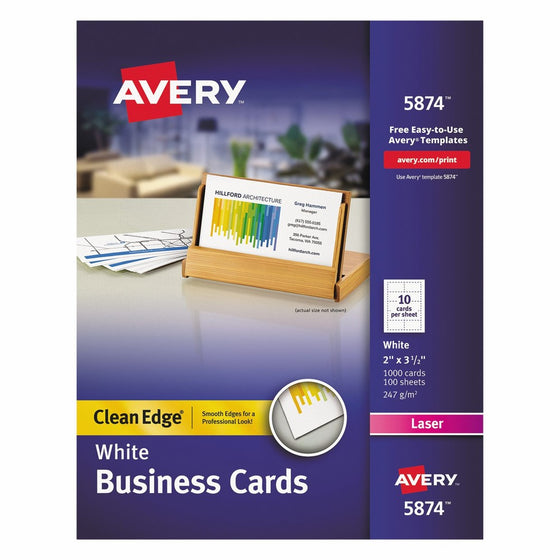 Avery Two-Side Printable Clean Edge Business Cards for Laser Printers, White, Box of 1000 (5874)