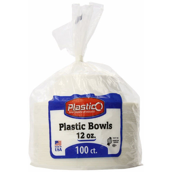 Plastico 12 OuncePlastic Bowls, White, 100 Count