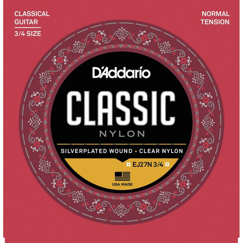 D'Addario EJ27N 3/4 Student Nylon Fractional Classical Guitar Strings, Normal Tension