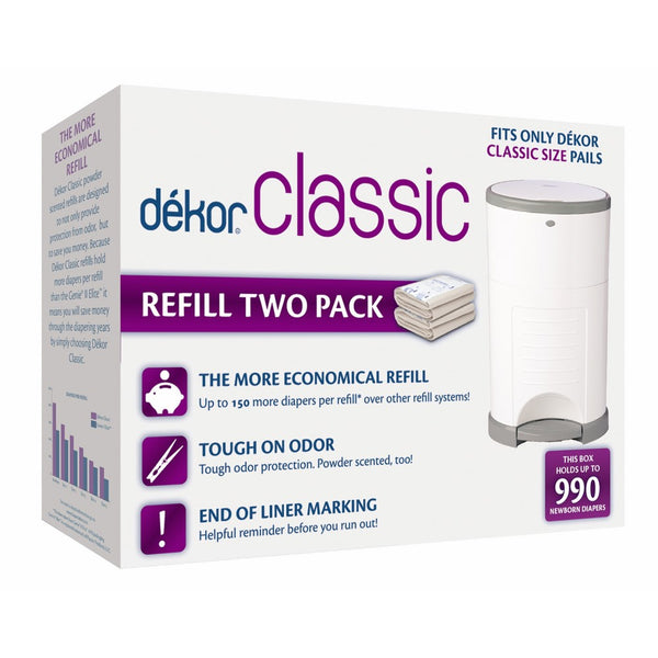 Dekor Classic Diaper Pail Refills | Most Economical Refill System | Quick & Easy to Replace | No Preset Bag Size – Use Only What You Need | Exclusive End-of-Liner Marking | Baby Powder Scent | 2 Count