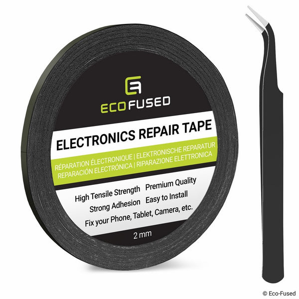 Eco-Fused Adhesive Sticker Tape for Use in Cell Phone Repair - 2mm Tape - also including 1 Pair of Tweezers / Eco-Fused Microfiber Cleaning Cloth (black)