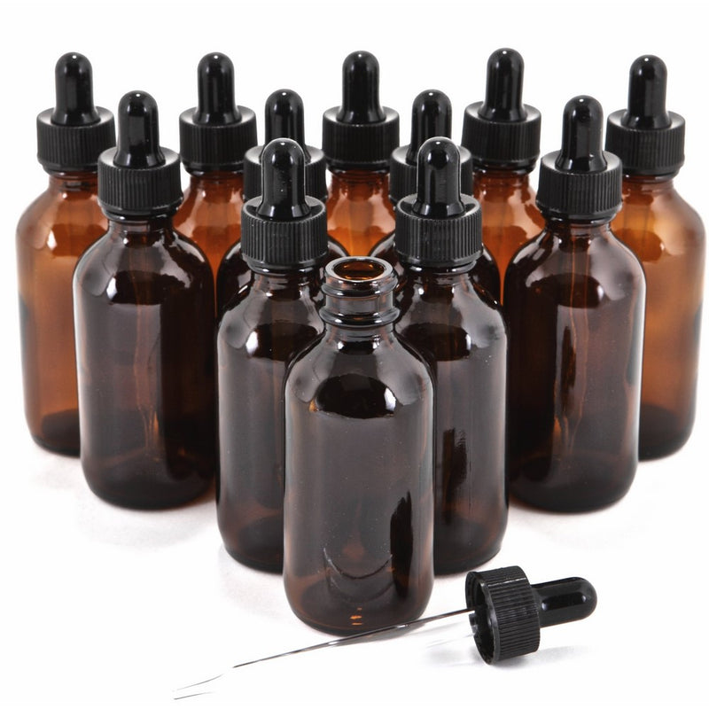 12, Amber, 2 oz Glass Bottles, With Glass Eye Droppers