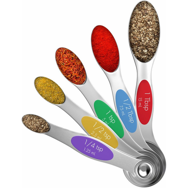 Vremi Magnetic Stainless Steel Measuring Spoons - Set of 5 Metal Measurement Spoon for Dry and Liquid Ingredients - Multifunctional Teaspoon and Tablespoon BPA Free Double End Nesting for Home Kitchen