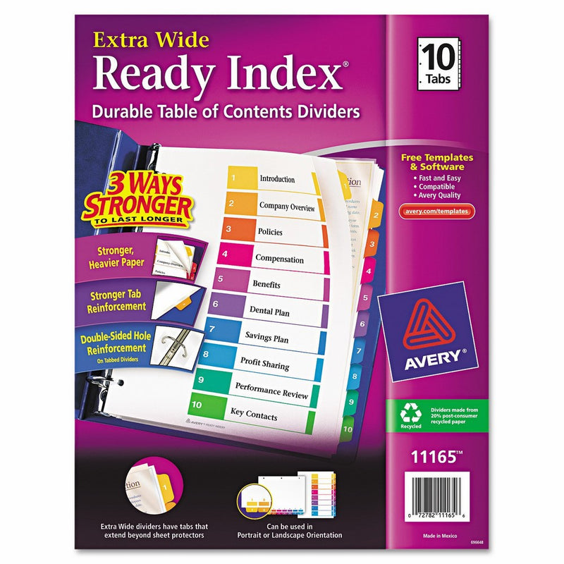 Avery Extrawide Ready Index Dividers, Laser/Ink Jet, 9.5 x 11 Inches, Assorted, 10 Tabs, 1 Set (11165)