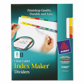Avery Index Maker White Dividers, 8-Tab, Laser/Inkjet, Letter Size, Assorted/Clear, 8 per Set (11407)