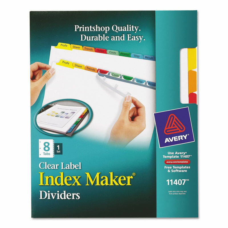 Avery Index Maker White Dividers, 8-Tab, Laser/Inkjet, Letter Size, Assorted/Clear, 8 per Set (11407)