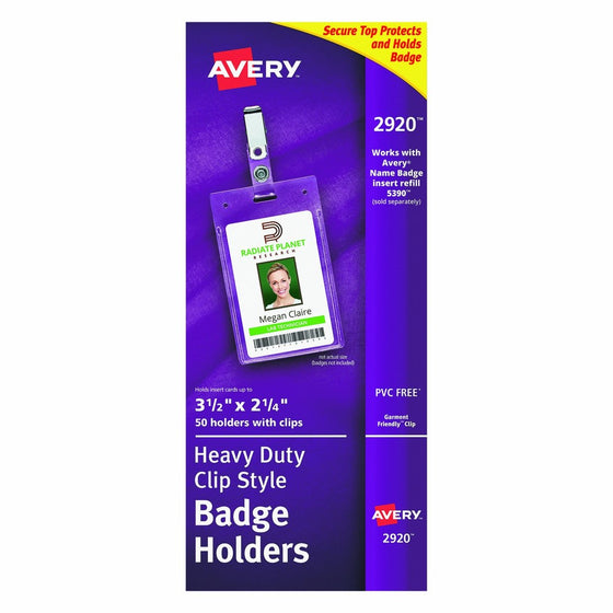 Avery Clear Heavy-Duty Clip Style Portrait Badge Holders, 3-1/2" x 2-1/4", Box of 50 (2920)