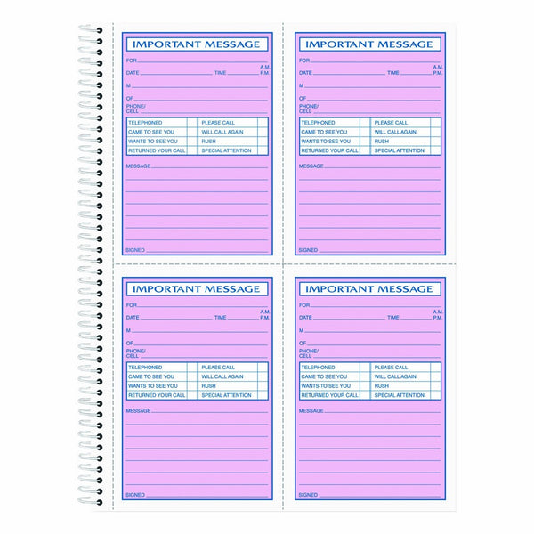 TOPS Phone Message Book, Spiral Bound, 2-Part, Carbonless, White and Canary, 4 Messages per Page, 400 Sets (4009)