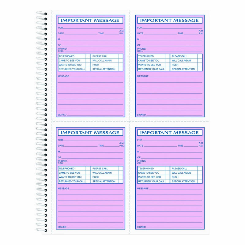 TOPS Phone Message Book, Spiral Bound, 2-Part, Carbonless, White and Canary, 4 Messages per Page, 400 Sets (4009)