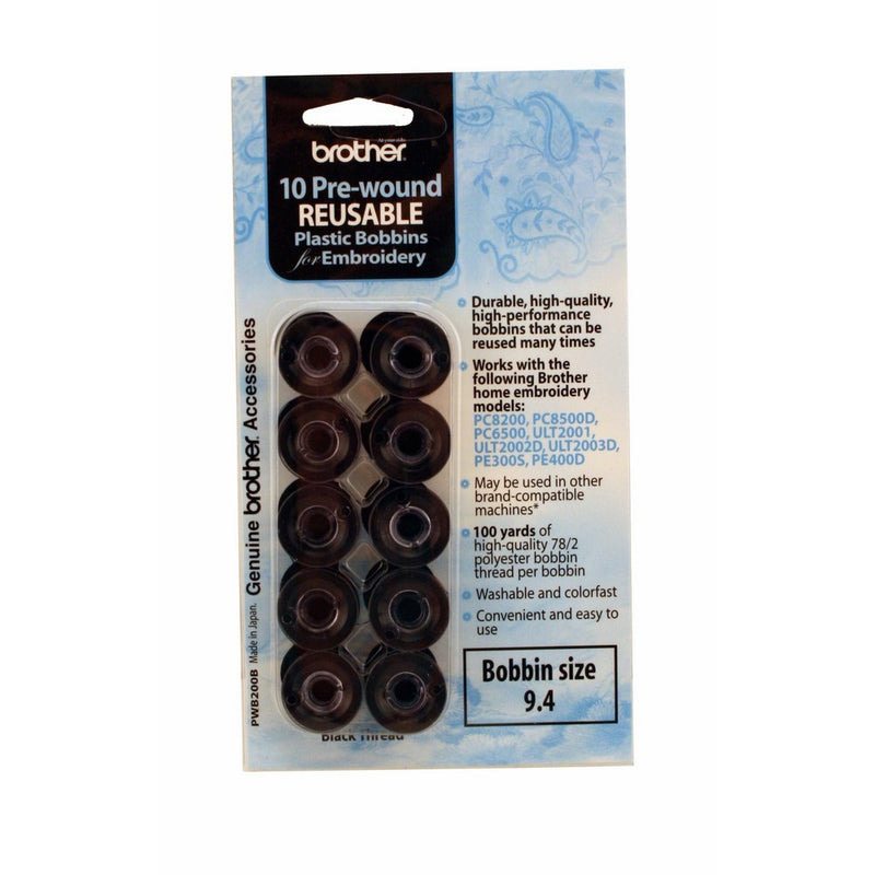 Brother PWB200B Prewound Embroidery Bobbin Thread 10 Piece, Black