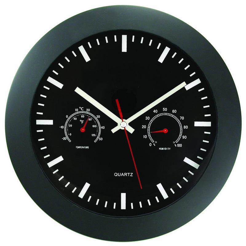 Timekeeper 12" Wall Clock with Black Frame and Temperature/Humidity Gauges, Black/Silver/Red