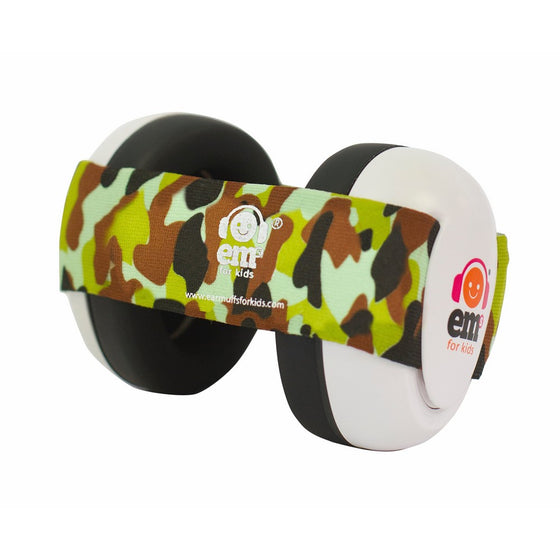 Ems for Kids Baby Earmuffs - WHITE with Army Camo. The original baby earmuffs, now MADE IN THE USA! Great for concerts, music festivals, planes, NASCAR, motor racing, power tools and MORE!