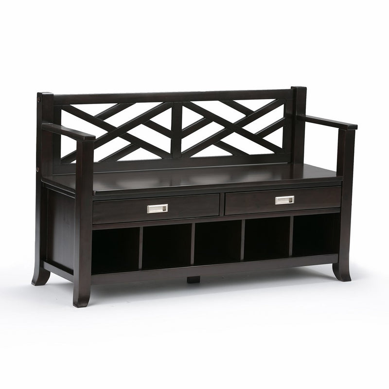 Simpli Home Sea Mills Solid Wood Entryway Bench w/ Drawers & Shoe Cubbies, Espresso Brown