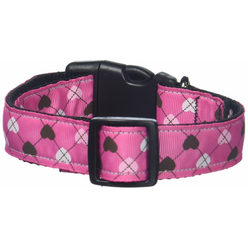 Mirage Pet Products Argyle Hearts Nylon Ribbon Collar for Pets, Medium, Bright Pink