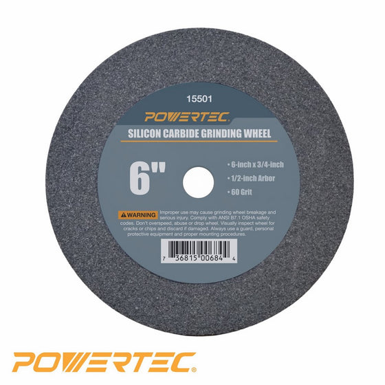 POWERTEC 15501 1/2" Arbor 60-Grit Silicon Carbide Grinding Wheel, 6" by 3/4"