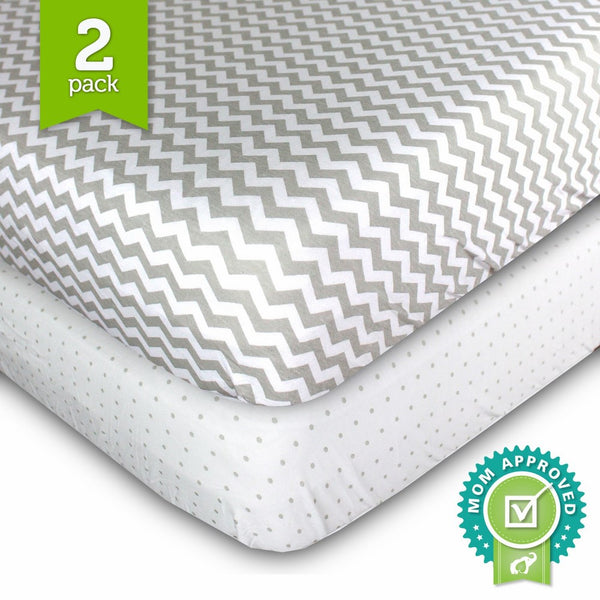 Crib Sheets, Toddler Bedding Fitted Jersey Cotton (2 Pack) Grey Polka Dot, Chevron