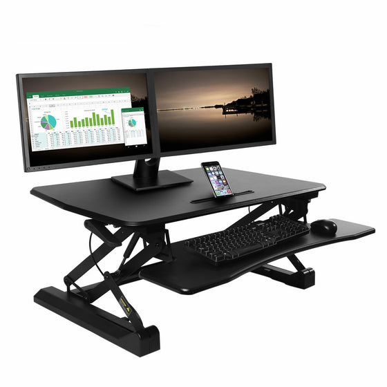 Seville Classics OFF65807 Airlift Gas-Spring Standing Desk Converter Height Adjustable to 19.1 Inches Dual Monitor Riser with Keyboard Tray and Smartphone/Tablet, 35.4", Black