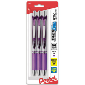 Pentel Pink BCA Pentel EnerGel Deluxe RTX Retractable Liquid Gel Pen Pack, 0.7mm, Medium Line, Metal Tip, Silver Barrel, Violet Ink, 3 Pack (BL77BP3V-BC)