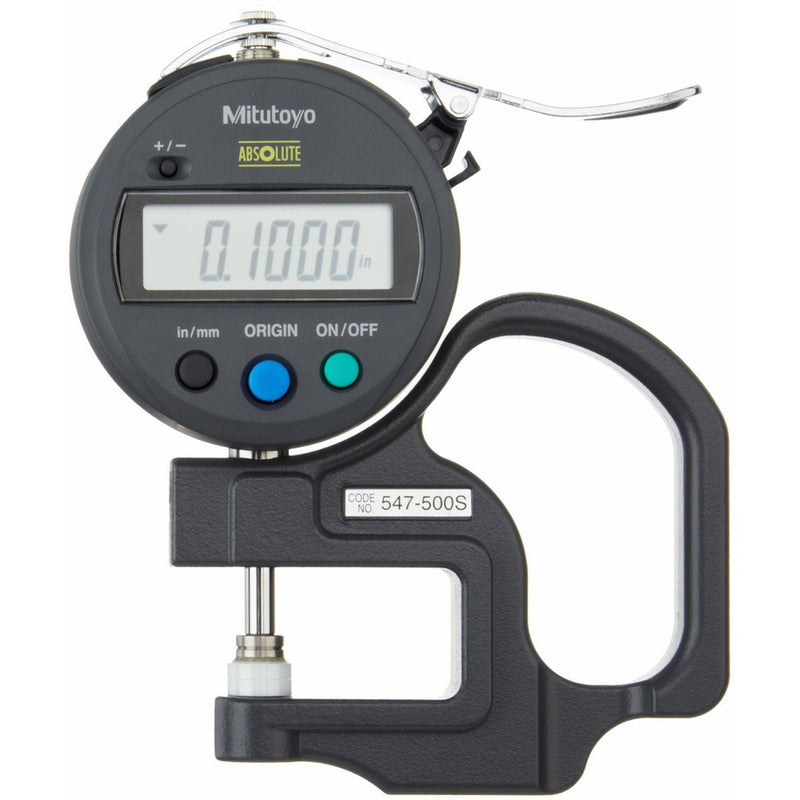 Mitutoyo 547-500S Digital Thickness Gauge with Flat Anvil, Standard ID-S Type, Inch/Metric 0-0.47" (0-12mm) Range, 0.0005" (0.01mm) Resolution, /-0.001 Accuracy