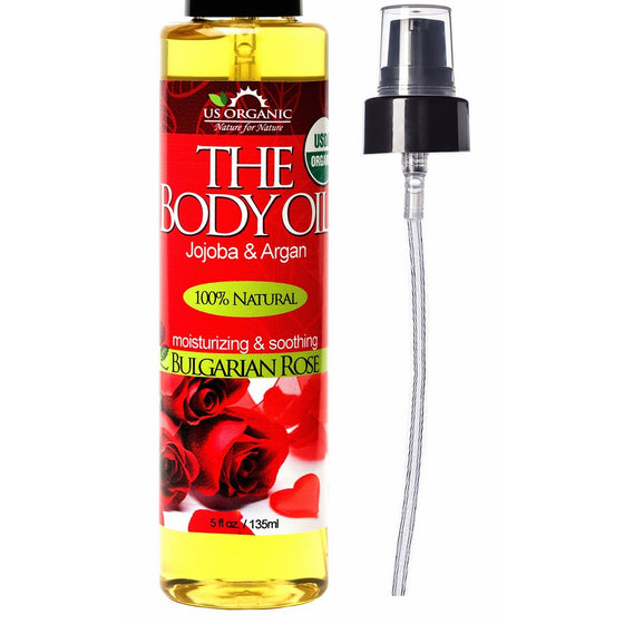 US Organic Body Oil - Romantic Sexy Bulgarian Rose- Jojoba and Argan Oil with Vitamin E, USDA Certified Organic, No Alcohol, Paraben, Artificial Detergents, Color or Synthetic perfumes, 5 Fl.oz.