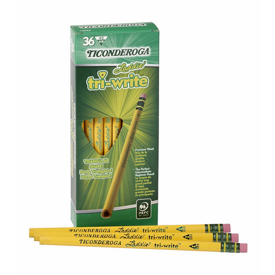 Dixon Ticonderoga Laddie Tri-Write Triangular Shaped Intermediate #2 Pencils, Box of 36, Yellow (13042)