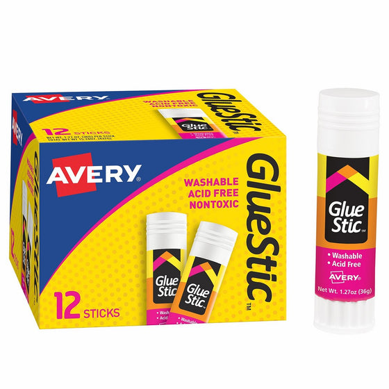 Avery Glue Stic, Washable, Nontoxic, Permanent Adhesive, 1.27 oz., Pack of 12 (00196)