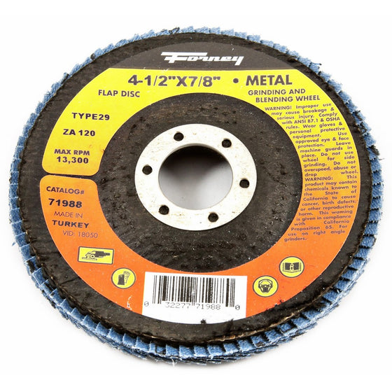 Forney 71988 Flap Disc, Type 29 Blue Zirconia with 7/8-Inch Arbor, 120-Grit, 4-1/2-Inch