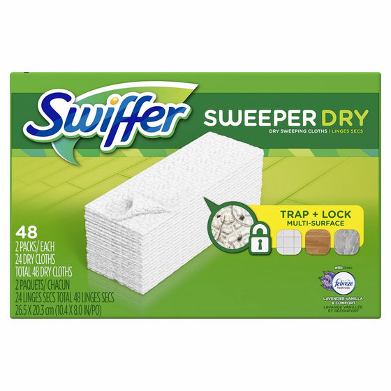 Swiffer Sweeper Dry Sweeping Pad Refills for Floor Mop, Refill Cloth with Febreze Lavender Vanilla & Comfort Scent, 48 Count