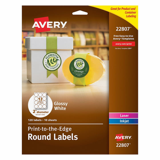 Avery Round Labels, Glossy White, 2-inch size, 120 Labels – Great for Canning Labels and Mason Jars (22807)