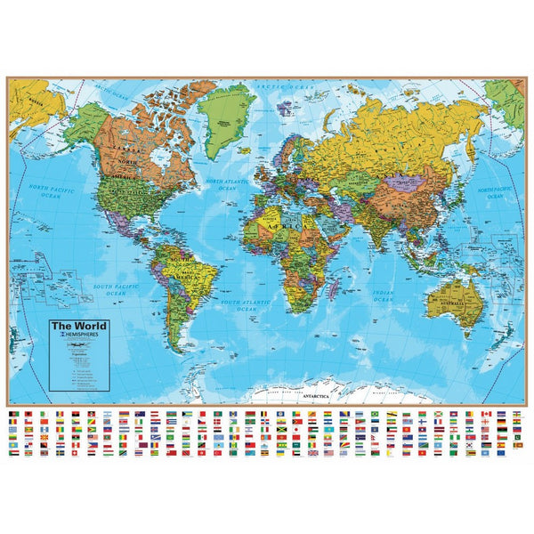 Hemisphere World Wall Map with Flags - 51" W x 38" H - UP-TO-DATE Cartography & Laminated for use with Dry Erase Marker - Perfect for Home, Office and Classroom