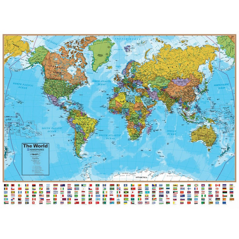 Hemisphere World Wall Map with Flags - 51" W x 38" H - UP-TO-DATE Cartography & Laminated for use with Dry Erase Marker - Perfect for Home, Office and Classroom