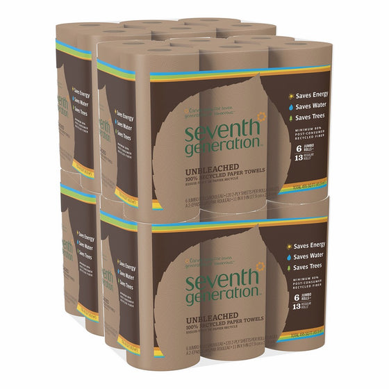 Seventh Generation Unbleached Paper Towels, 100% Recycled Paper, 6 Count (Pack of 4)