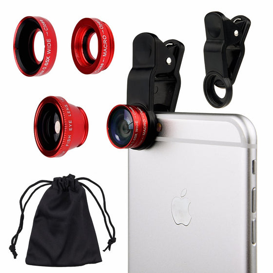 Universal 3in1 Cell Phone Camera Lens Kit for Smartphones including - Fish Eye Lens / 2 in 1 Macro Lens & Wide Angle Lens / Universal Clip / Carry Pouch / Microfiber Cleaning Cloth